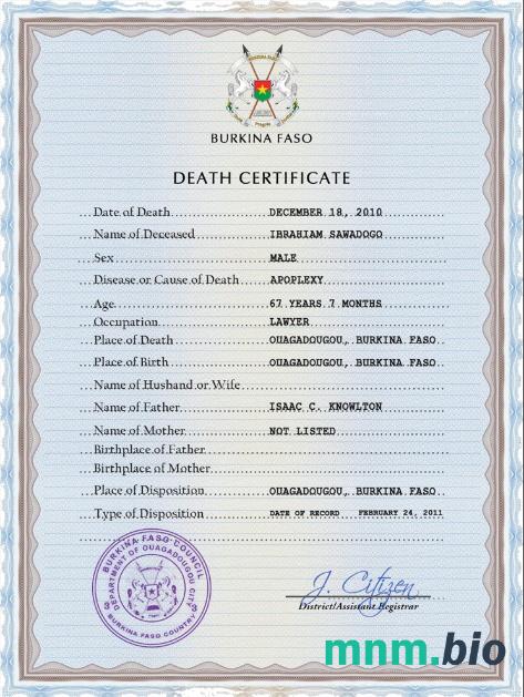 Burkina Faso rekord życiowy śmierć certyfikat PSD szablon